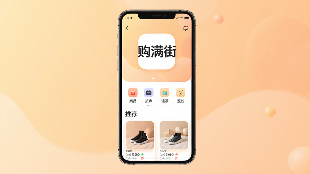������App������ȫòչʾ���ֻ���Ļ������ʾ�������֡���������Logo���·���������Ʒ����ͼ����Ƽ���Ʒ��Ƭ������������͵�ůɫ�����䣬����ɾ����࣬�ִ���ƽ����Ʒ��ϸ��Բ�󣬻����������޶���Ԫ��