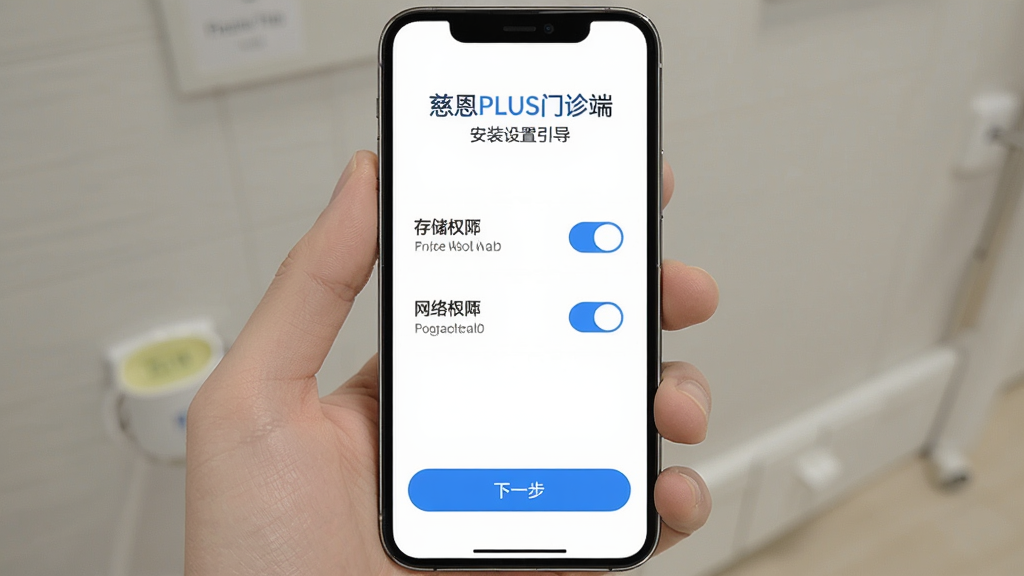 慈恩PLUS门诊端安装设置引导界面,手机屏幕显示权限开启步骤图示,包含存储权限和网络权限开关,下方有下一步按钮,配色为白色和蓝色,界面简洁明了,画质干净无多余元素