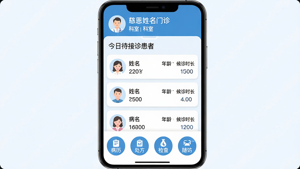 慈恩PLUS门诊端应用主界面,手机屏幕中显示医生工作台,顶部是医生姓名和科室,中间是今日待接诊患者列表,每个患者卡片显示姓名、年龄、候诊时长,底部有四个圆形功能按钮分别是病历、处方、检查、随访,整体配色为医疗蓝和白色,背景干净简洁,图标圆润,文字清晰可读,画质干净无多余元素,扁平化设计风格