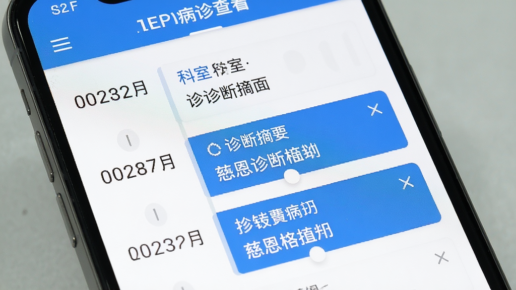 慈恩PLUS门诊端电子病历查看界面,手机屏幕显示患者历史就诊时间轴,每条记录包含日期、科室、诊断摘要,点击可展开详情,配色为白色背景和蓝色强调色,文字排版清晰,画质干净无多余元素