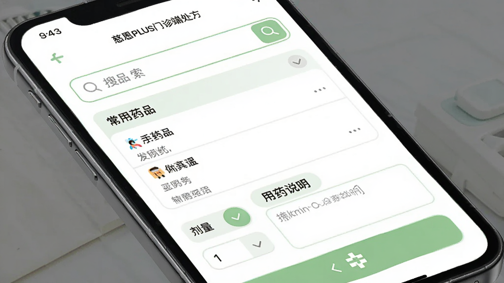 慈恩PLUS门诊端处方录入界面,手机屏幕显示药品搜索框和常用药品列表,下方有剂量选择和用药说明输入区,界面配色为白色和浅绿色,按钮圆润,文字清晰,画质干净无多余元素