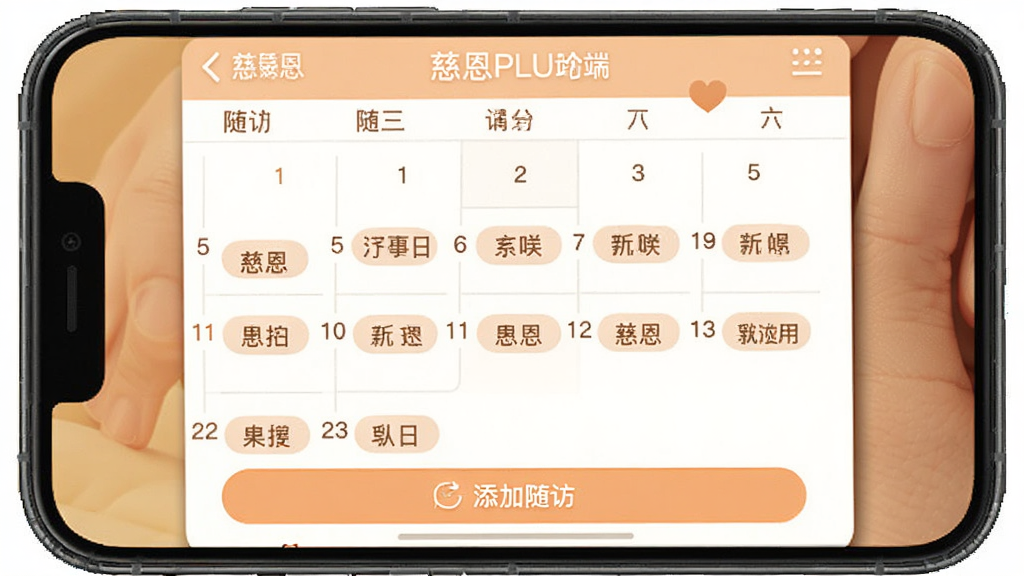 慈恩PLUS门诊端随访计划设置界面,手机屏幕显示日历式随访安排,每个日期下方有患者姓名标签,底部有添加随访按钮,配色为浅橙色和白色,界面温馨简洁,画质干净无多余元素