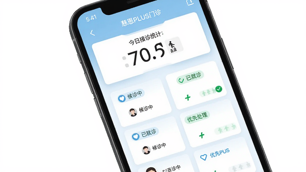 慈恩PLUS门诊端患者队列界面,手机屏幕显示候诊列表,上方有今日接诊统计数字,下方是患者卡片排列,每张卡片带状态标签如候诊中、已就诊、优先处理,配色为浅蓝和白色,界面整洁,画质干净无多余元素