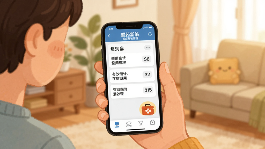 һ����ܰ�ļ�ͥ�����廭���ͼƬ��������һ�������������ֻ����ֻ���Ļ����ʾ����ҩ�º����ļ�ͥҩ��������棬�������г�����ҩƷ���ƺ���Ч�ڵ���ʱ���Ա���һ��Сҩ��ͼ�꣬�����ǿ���һ�ǣ�ɫ����ů�������������޶���Ԫ�ء�
