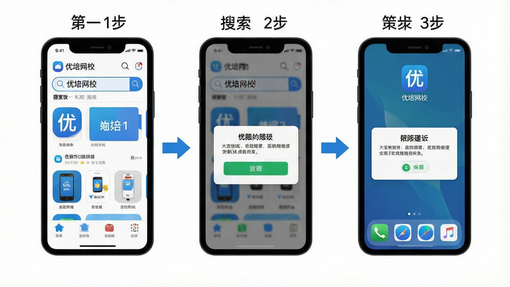 һ��չʾ��������У��App���ֻ�Ӧ���̵������Ͱ�װ���̵Ĳ���ʾ��ͼ����������Ϊ�����ֻ����ţ���һ����ʾӦ���̵����������롰������У�����ڶ�����ʾ��װ��ť��Ȩ�����󵯴�����������ʾ��װ��ɺ������ͼ�ꡣ����Ϊ������ͼ�����������С����Ϊ��ƽ��UI˵��ͼ����ɫ��Ϊ��ɫ�Ͱ�ɫ��ϸ���ϣ�ÿһ�����������ļ�ͷָʾ�����ֱ�ע������Ϊ���壬����ɾ����޶���װ��Ԫ�ء�