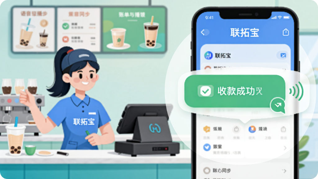 һ���������ر������������˵�ͬ�����ܵĲ廭�����������һ������æµ���̲���Ա���Ҳ���һ���Ŵ���ʾ�����ر��ֻ����棬�����е���һ����ɫ���տ�ɹ����ݣ��Ա�����������ͼ�꣬�����Ǽ��ĵ��ڰ�̨������������죬ɫ��������Ϊ�������ʸɾ��޶���Ԫ�أ�ͼƬ�д������֡����ر���