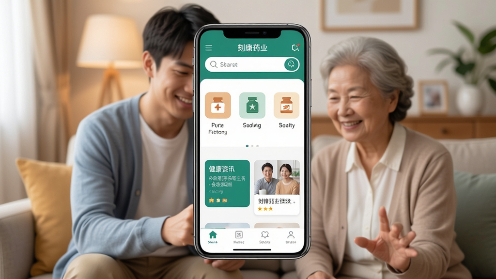 一张展示刻康药业应用核心界面的图片,画面中央是手机屏幕,屏幕内显示刻康药业的首页,顶部有搜索框,中间是药品分类图标和健康资讯卡片,底部有导航栏,背景是温馨的家庭客厅环境,一位年轻人和一位老人正微笑着看手机,风格现代扁平,画质清晰干净,无多余元素