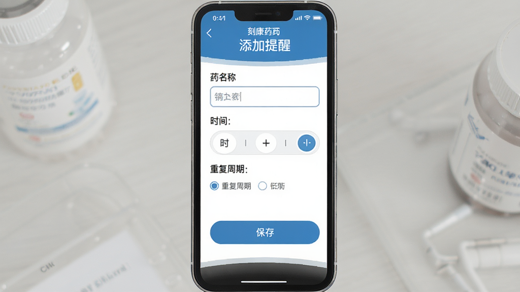 一张展示刻康药业用药提醒设置界面的图片,手机屏幕显示添加提醒页面,有药品名称输入框、时间选择器、重复周期选项,界面以蓝白配色为主,布局清晰,底部有保存按钮,风格简洁实用,画质干净无多余元素