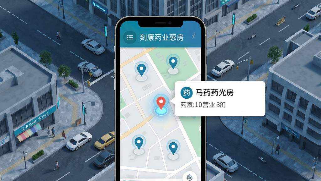 一张展示刻康药业附近药房功能的图片,手机屏幕显示地图界面,上面有几个药房标记点,其中一个标记点被点击弹出信息卡片显示药房名称和营业时间,背景是城市街道俯视图,风格现代科技感,画质清晰干净,无多余元素