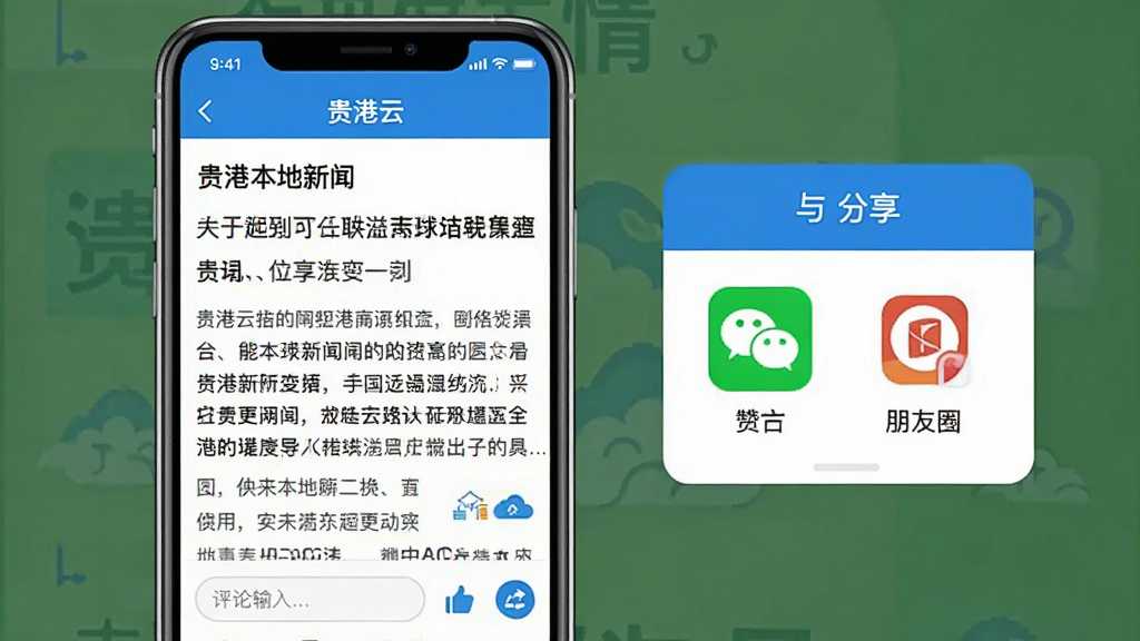 һ�š�����ơ�App��������ҳ��������ܵ�ʾ��ͼ���ֻ���Ļ��ʾһƪ��۱����������£��ײ������������͵��ޡ�������ť�������˵�����ʾ΢�š�����Ȧ��ͼ�꣬��������ˬ����ɫ��ɫ�������������޶���Ԫ��