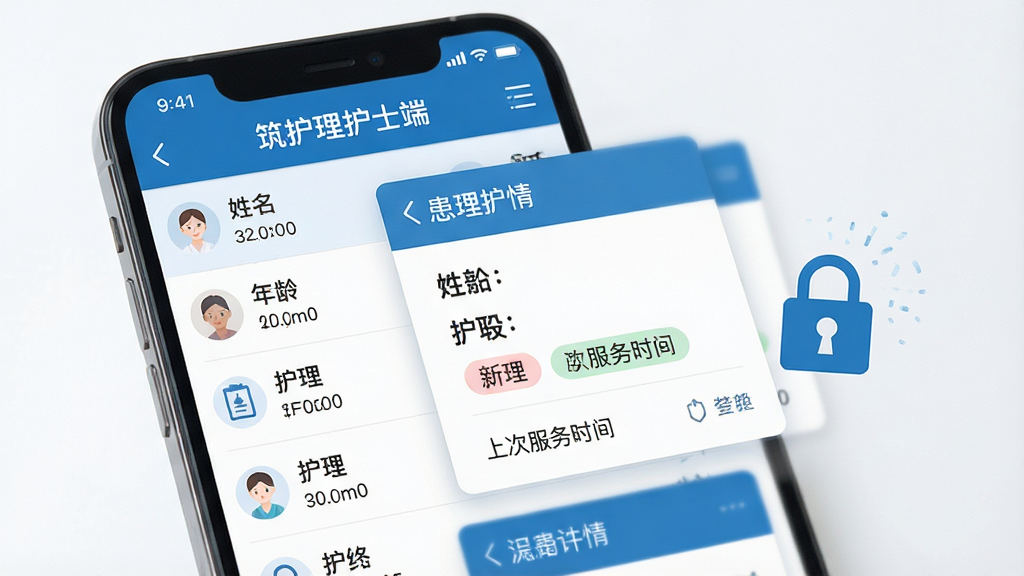 一张展示筑护理护士端患者档案管理功能的生图提示词,画面主体是手机屏幕显示患者列表和详情卡片,卡片上有姓名、年龄、护理标签和上次服务时间,旁边有一个锁形图标表示加密保护,布局是列表式排版,风格是专业的医疗蓝白配色,细节上文字排版工整,画质清晰,无多余元素,界面顶部有筑护理护士端标题。