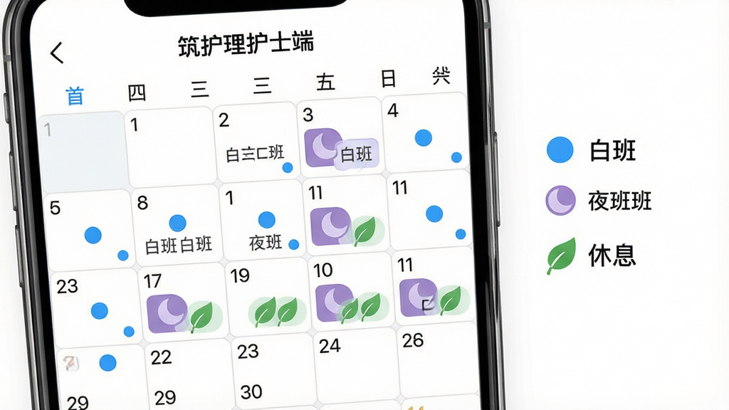 一张展示筑护理护士端电子排班日历功能的生图提示词,画面主体是手机屏幕上的月历视图,日历格子里用蓝色圆点标记白班、紫色月亮标记夜班、绿色叶子标记休息,旁边有简单的图例说明,背景是干净的白色,风格清新明快,排版规整,细节上日期数字清晰可辨,画质高清,干净无多余元素,屏幕上方可见筑护理护士端字样。