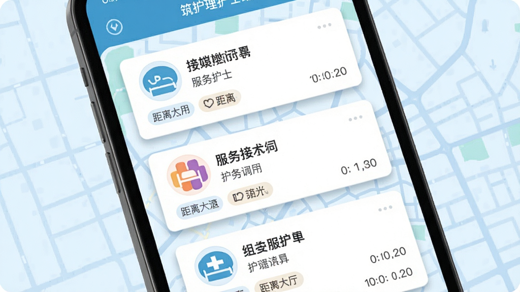 一张展示筑护理护士端智能接单大厅功能的生图提示词,画面主体是手机屏幕特写,屏幕上显示着整齐排列的护理订单卡片,每张卡片上有服务类型图标、距离标签和时间段,背景是淡蓝色的地图纹理,风格简洁现代,排版清晰,细节上卡片有轻微的阴影效果,画质干净,无多余元素,图片中可带有筑护理护士端字样。
