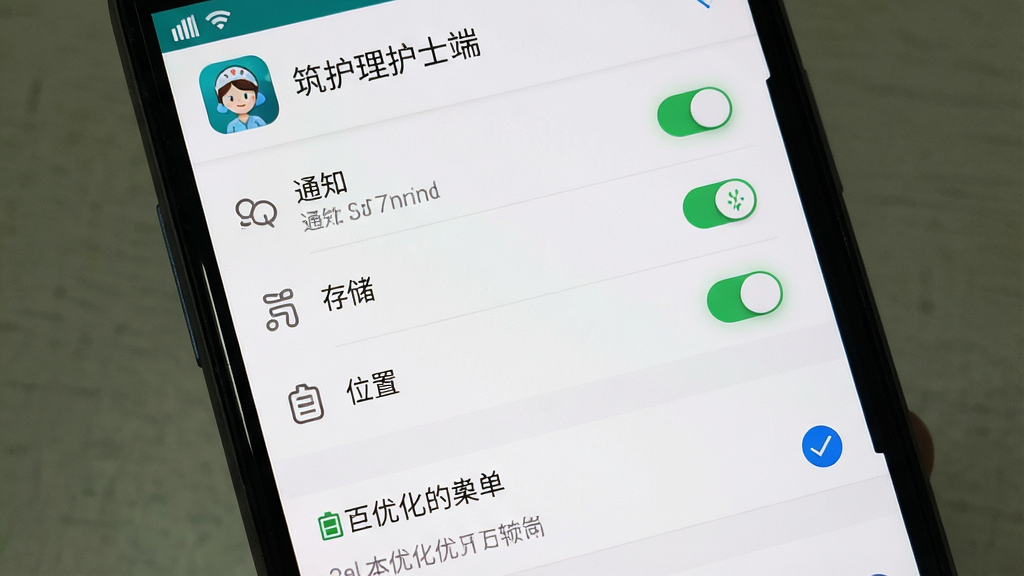 一张展示筑护理护士端在安卓手机上的权限设置和后台运行优化界面的生图提示词,画面主体是手机屏幕显示应用权限管理页面,列表中有通知、存储、位置等权限开关,旁边有电池优化白名单的勾选状态,布局是典型的安卓设置界面排版,风格是简洁的系统工具风,细节上开关按钮有清晰的绿灰状态区分,画质干净,无多余元素,屏幕顶部有筑护理护士端图标。