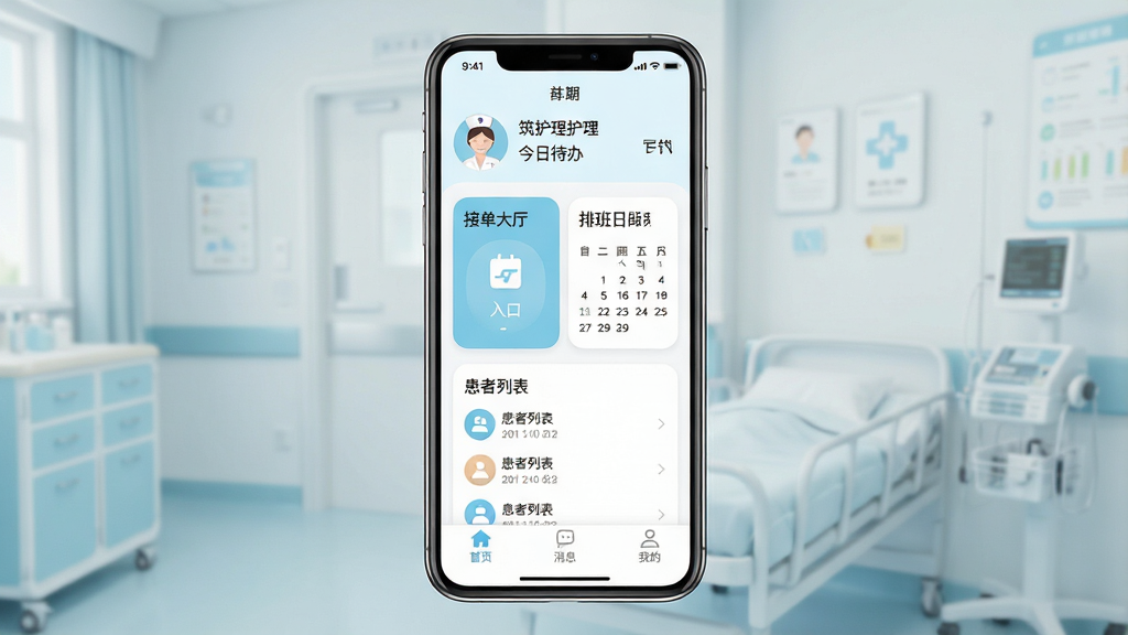 一张展示筑护理护士端手机应用主界面的详细生图提示词,画面主体是一部竖屏智能手机,屏幕内显示筑护理护士端的首页,顶部是护士头像和今日待办数量,中间卡片式排列着接单大厅入口、排班日历和患者列表,底部导航栏有首页、消息、我的三个选项,布局清晰,排版简洁,风格是现代医疗扁平化设计,配色以干净的白色和治愈的浅蓝色为主,细节上图标圆润、文字标签明确,画质高清,干净无多余元素。