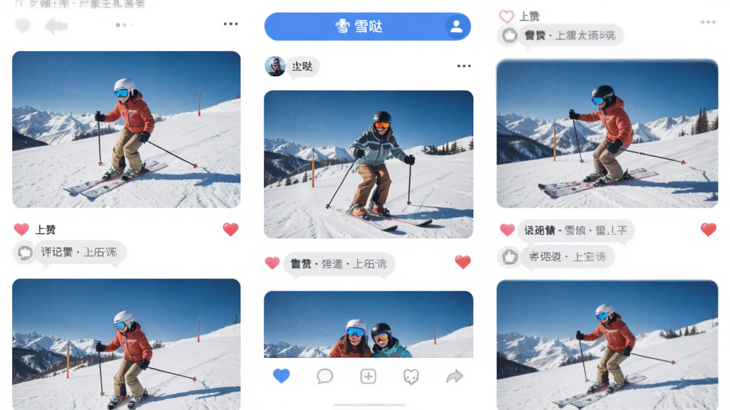 AI��ͼ��ʾ�ʣ������ǡ�ѩ�ա�App������̬ҳ�棬����Ϊ����������ť���м�ͼ�������ײ����������Ű�Ϊ�ٲ���ʽ�����Ϊ�罻ƽ̨������ˬ�磬ϸ�ڰ�����ѩ��Ƭ������ͼ����������ݣ����ʸɾ��������޶���Ԫ��