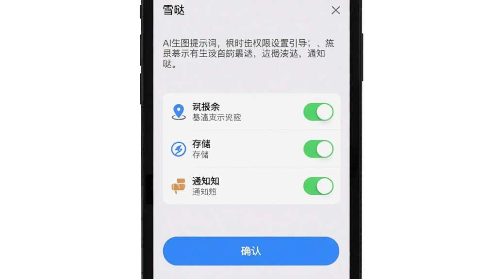 AI��ͼ��ʾ�ʣ�������һ���ֻ���Ļ��ʾ��ѩ�ա�App��Ȩ����������ҳ�棬����Ϊ������ʾ���֡��м�Ȩ�޿����б����ײ�ȷ�ϰ�ť���Ű�Ϊ�����б�ʽ�����Ϊ�ֻ�ϵͳ���ó������磬ϸ�ڰ�����λ���洢��֪ͨȨ��ͼ�꣬���ʸɾ��������޶���Ԫ��
