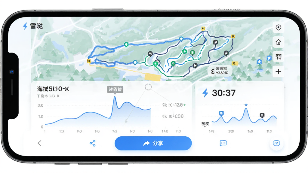 AI��ͼ��ʾ�ʣ�������һ���ֻ���Ļչʾ��ѩ�ա�App�Ļ�ѩ�켣��¼ҳ�棬����Ϊ������ͼ�켣�ߡ��м�������塢�ײ�������ť���Ű�Ϊ���½ṹ�����Ϊ�˶��Ƽ��磬ϸ�ڰ����������ߡ��ٶ���ֵ��ѩ����ǣ����ʸɾ��������޶���Ԫ��