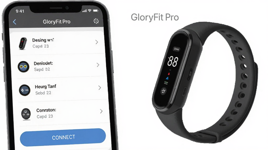 һ��չʾGloryFitPro�ֻ��������ý����ͼƬ���������ֻ���Ļ��ʾ�豸�б������Ӱ�ť���Ա���GloryFitPro���֣�����Ϊ��ɫ�����ϸ�����������ʸɾ��޶���Ԫ��