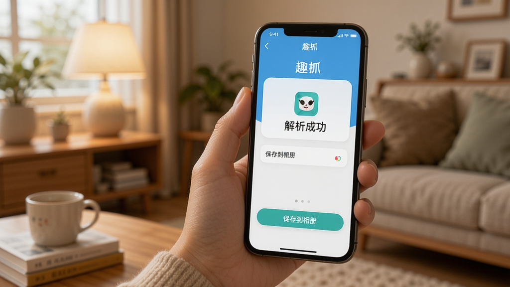 һ��չʾ�ֻ�ʹ�ó�����ͼƬ��������һֻ�������ֻ�����Ļ����ʾ��Ȥץ��App �Ľ����ɹ����棬�С����浽��ᡱ�İ�ť����������ܰ�����ڻ������������������������޶���Ԫ��