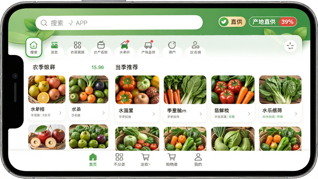 ��ũ��ѡAPP������ȫòչʾ���ֻ���Ļ����ʾũ��Ʒ���ർ�����͵����Ƽ�ר����ҳ�涥����������Ͳ���ֱ����ʶ���м�������ˮ���߲˵Ŀ�Ƭʽ���У��ײ�����ҳ�����ࡢ���ﳵ���ҵ��ĸ���ǩ��������������Ȼ������ɫ�Ͱ�ɫΪ��ɫ��������ɾ����࣬ͼ��Բ�󣬻����������޶���Ԫ��