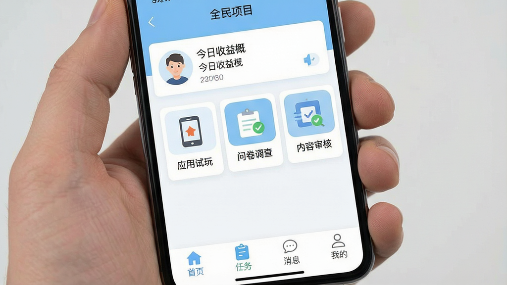 一张手机屏幕展示着“全民项目”APP的主界面,界面设计简洁,以白色和浅蓝色为主色调,顶部显示用户头像和今日收益概览,中间是卡片式排列的各类任务图标,如“应用试玩”、“问卷调查”、“内容审核”,底部是“首页”、“任务”、“消息”、“我的”四个导航按钮,画面清晰,风格现代扁平,干净无多余元素