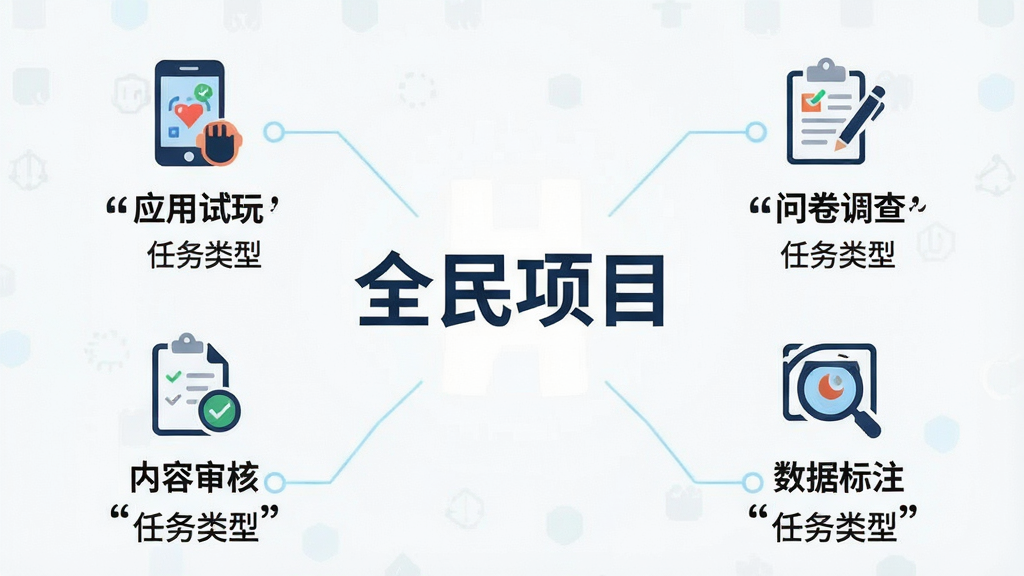 一张信息图风格的图片,画面中央是“全民项目”的LOGO,周围环绕着几个图标,分别代表“应用试玩”、“问卷调查”、“内容审核”、“数据标注”,每个图标下方用引号标注着“任务类型”,整体布局清晰,风格简洁商务,画质干净,无多余元素