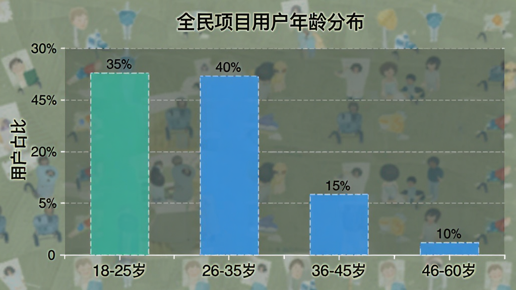 一张柱状图,横轴标注年龄段“18-25岁”、“26-35岁”、“36-45岁”、“46-60岁”,纵轴标注用户占比,柱子高度显示“18-25岁”占比约35%,“26-35岁”占比约40%,“36-45岁”占比约15%,“46-60岁”占比约10%,图表标题为“全民项目用户年龄分布”,风格简洁,画质干净