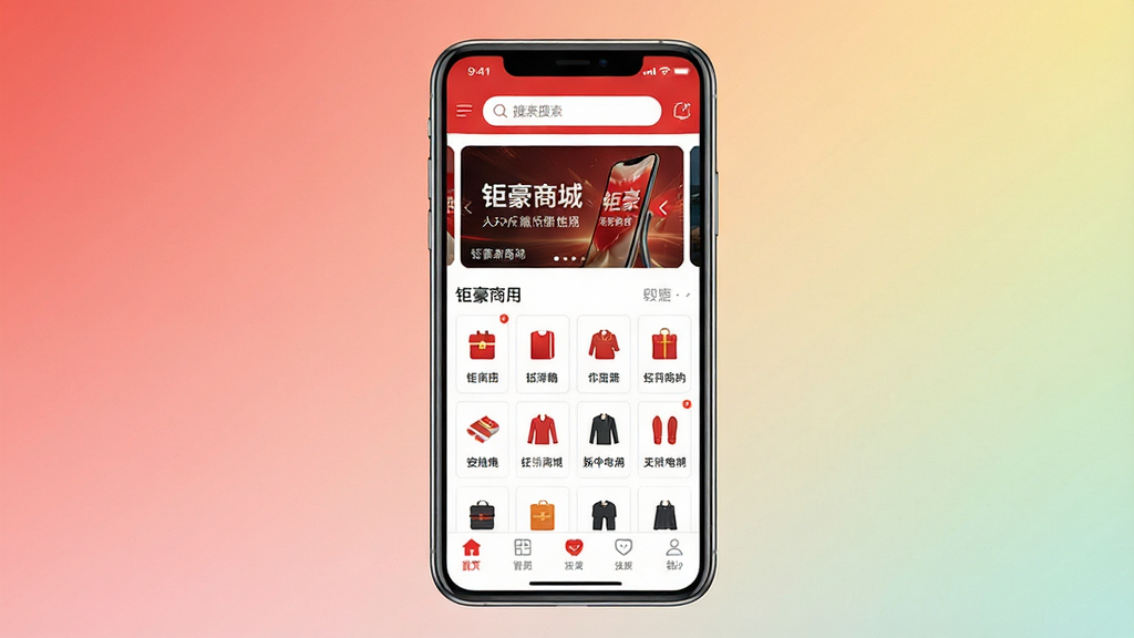 一张展示钜豪商城手机APP主界面的详细图片,画面中央是一部现代智能手机,手机屏幕亮起显示钜豪商城APP的首页,顶部有搜索栏和轮播横幅,中间是商品分类图标网格,底部是导航栏,整体布局清晰,风格现代简约,色彩以红白为主,画质干净明亮,无多余元素,背景为纯色渐变。