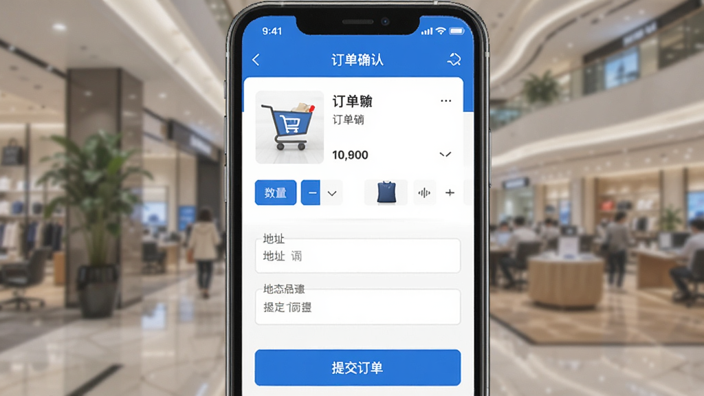 一张展示钜豪商城APP下单流程的图片,画面中央是手机屏幕,屏幕上显示购物车和订单确认页面,有商品缩略图、数量选择、地址填写栏和提交订单按钮,布局清晰,风格简洁,色彩以蓝色和白色为主,画质干净,无多余元素。