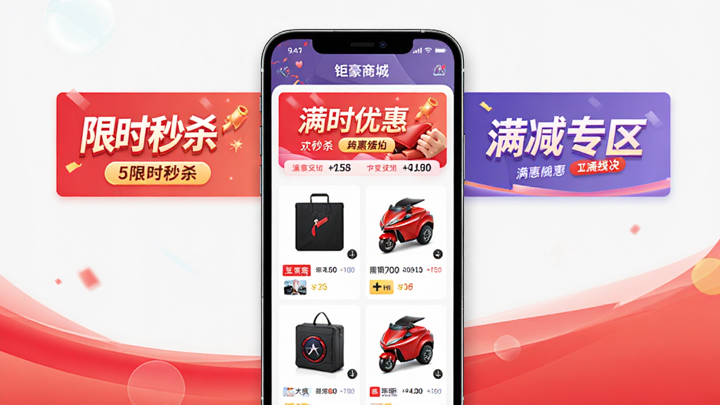 一张展示钜豪商城APP优惠活动专区的图片,画面中央是手机屏幕,屏幕上显示限时秒杀和满减优惠的横幅,有“限时秒杀”“满减专区”等文字,商品图片排列整齐,风格热闹促销,色彩鲜艳,画质干净,背景简洁。