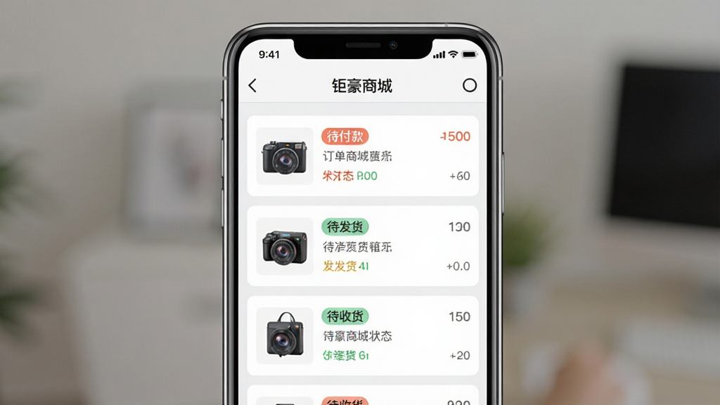 一张展示钜豪商城APP订单管理页面的图片,画面中央是手机屏幕,屏幕上显示订单列表,有“待付款”“待发货”“待收货”等状态标签,每个订单有商品图片和状态文字,布局清晰,风格简洁,色彩以白色和浅灰色为主,画质干净,无多余元素。