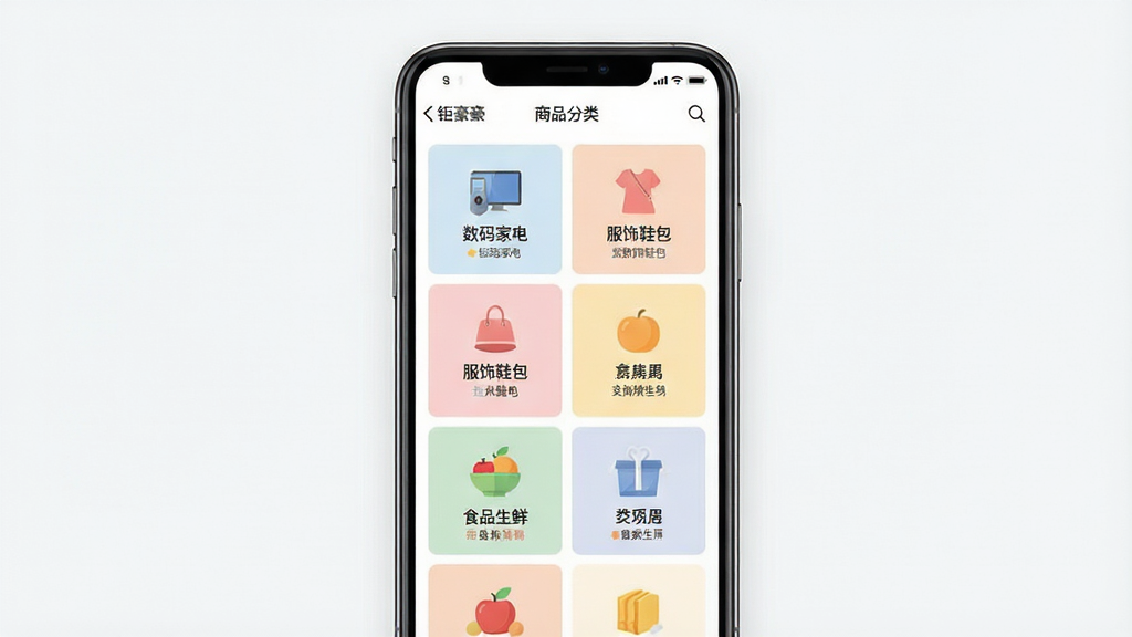 一张展示钜豪商城APP商品分类页面的图片,画面中央是手机屏幕,屏幕上显示清晰的分类网格,包含“数码家电”“服饰鞋包”“食品生鲜”等文字标签,每个分类配有小图标,布局整齐,风格扁平化设计,色彩柔和,画质干净,背景简洁。