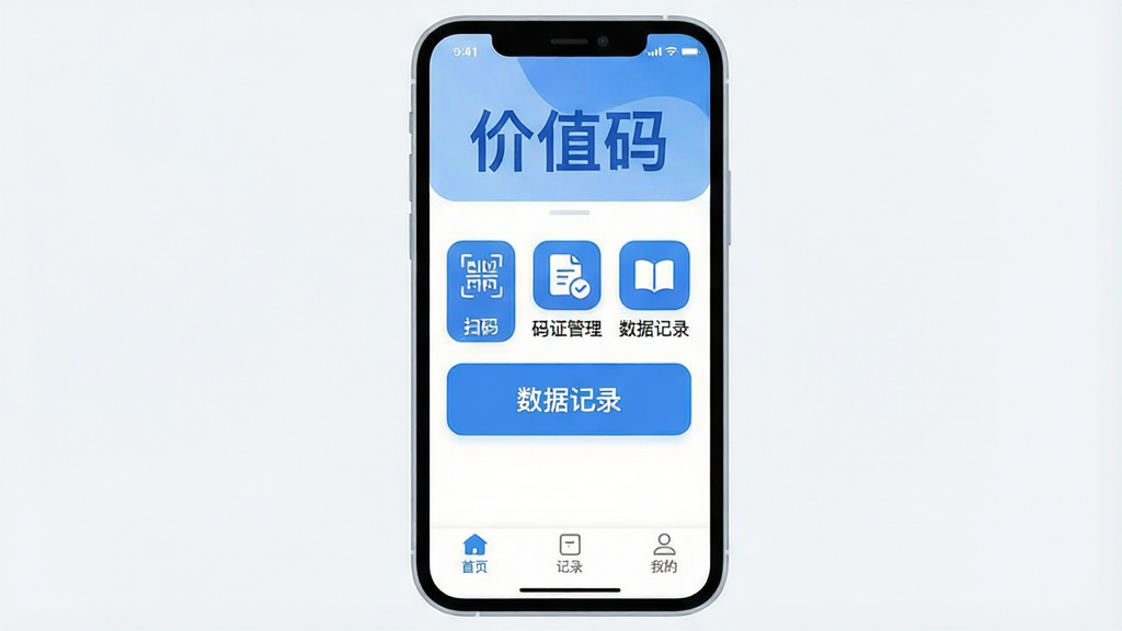 һ���ֻ�Ӧ�ý���չʾͼ�����������ǡ���ֵ�롱APP�������棬������ʾ����ֵ�롱�������֣�������������ɫΪ�����м�������ɨ�롢��֤���������ݼ�¼������ͼ�갴ť���ײ�����ҳ����¼���ҵ�����ѡ��������ɾ���࣬�ֻ����Բ�󣬻��������޶���Ԫ�أ��������ִ���ƽ�����ʺ���ΪӦ���Ƽ���ͼ