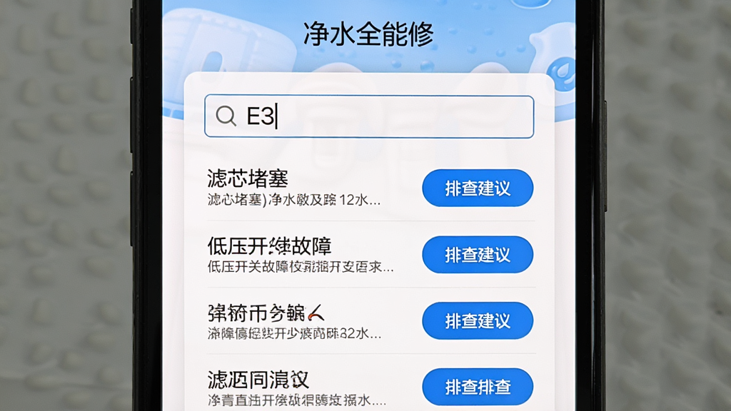 ��ˮȫ���޹��ϴ����ѯ���棬�ֻ���Ļ��ʾ��������������E3�����룬�·�������������ԭ���б���������о��������ѹ���ع��ϵȣ�ÿ��ԭ��������Ų齨�鰴ť������Ϊ��ɫ��Ƭʽ��ƣ���������������'��ˮȫ����'�������������ɾ�����
