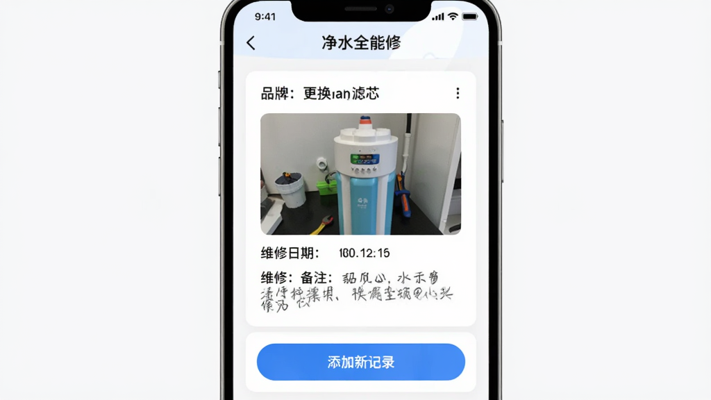 ��ˮȫ����ά�޼�¼ҳ�棬�ֻ���Ļ��ʾһ��ά�޼�¼��Ƭ��������ˮ��Ʒ���ͺš�������о��Ƭ��ά�����ںͱ�ע���֣���Ƭ�·��������¼�¼��ť����������ˬ��������'��ˮȫ����'���������ʸɾ�������Ԫ��