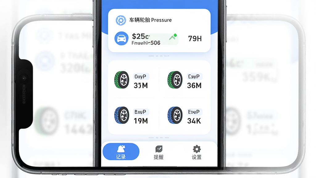 Tire Manager��̥�������������棬�ֻ���Ļ����չʾ��������ʾ������̥ѹ�����ݿ�Ƭ���м����ĸ���̥��̥ѹ״̬ͼ�����ֵ���ײ�Ϊ��¼�����ѡ���������ѡ������岼��������������ɫΪ��������ִ���ƽ��ϸ��Բ�󣬻��ʸɾ��޶���Ԫ��