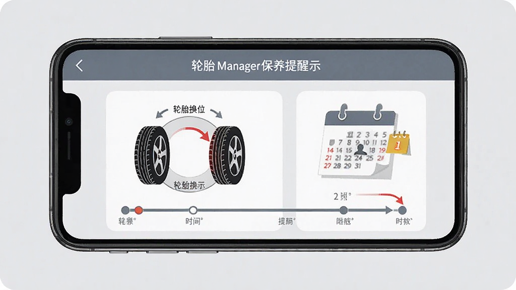 Tire Manager��̥�������ѹ��ܽ��棬�ֻ���Ļ��ʾ��̥��λʾ��ͼ�ͱ���ʱ���ߣ�����������̥ͼ����������ѱ�ǣ�����Ϊǳ��ɫ�������ʵ�ã���������������Ԫ��