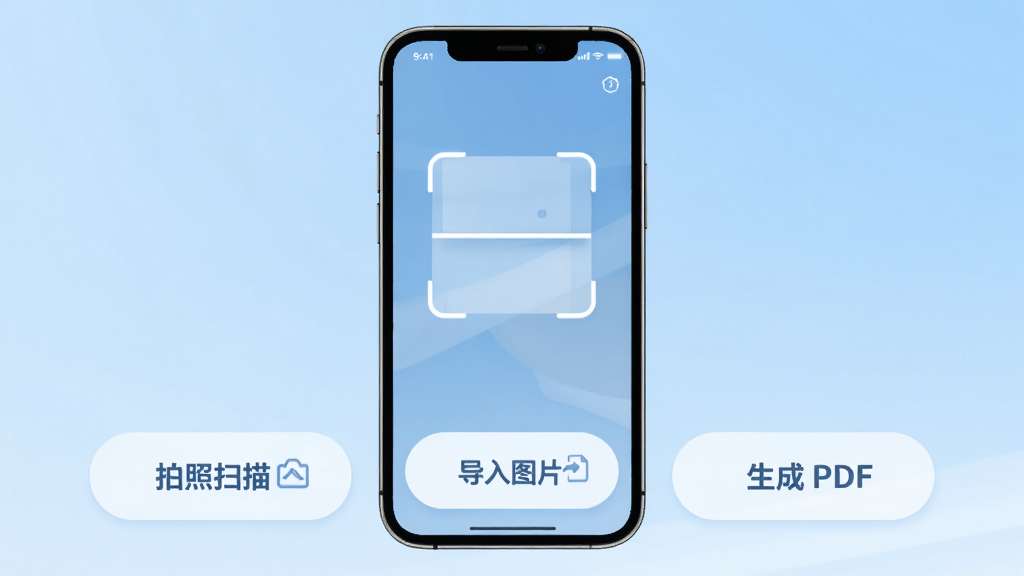 ����ɨ���App������չʾ���ֻ���Ļ������ʾһ������ɨ��ȡ�����·��С�����ɨ�衱��������ͼƬ����������PDF��������ť��������ǳ��ɫ���䣬����ɾ��޹�棬��������������ִ���ƽ��ϸ��Բ���޶���Ԫ��