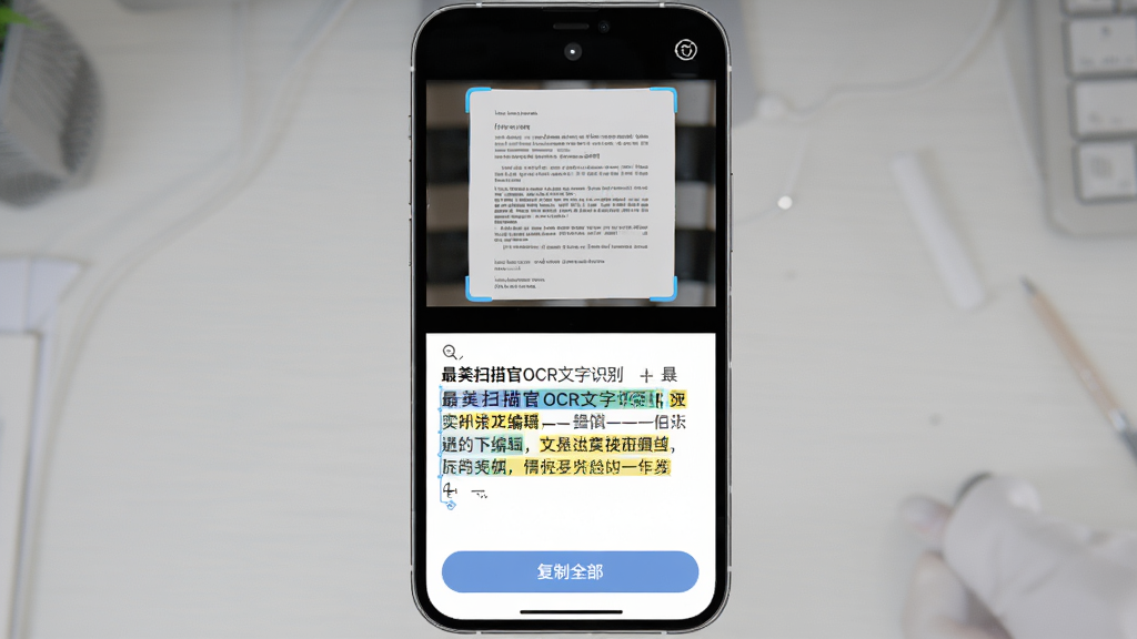 ����ɨ���OCR����ʶ����棬�ֻ���Ļ�ϰ벿����ʾһ��ɨ��õ��ĵ�ͼƬ���°벿����ʾ��ȡ�����Ŀɱ༭���֣����ֱ�ѡ�и����������С�����ȫ������ť����������������ִ����޶���Ԫ��