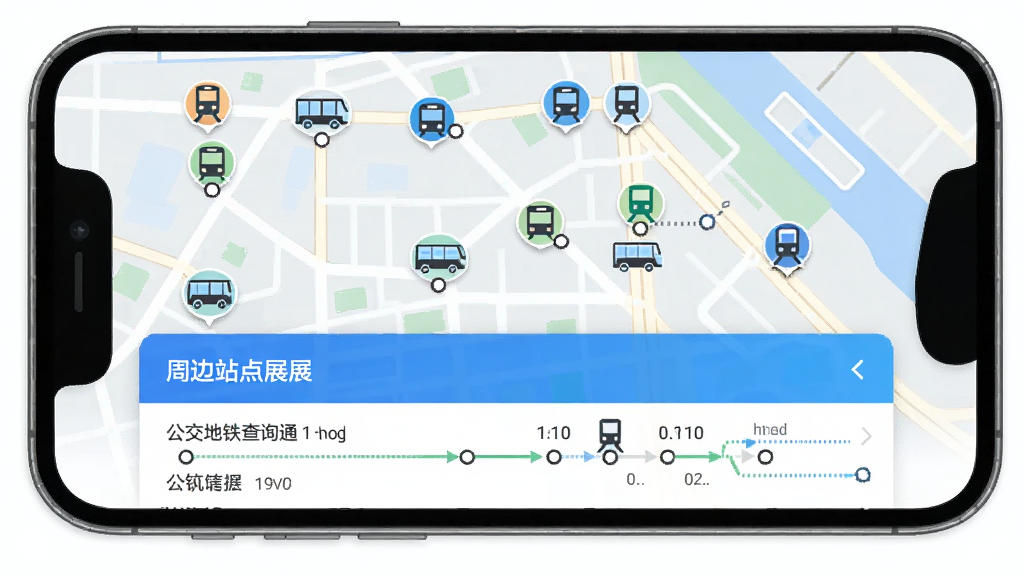 ����������ѯͨApp�ܱ�վ�㹦��չʾͼ���ֻ���Ļ��ʾ��ͼ��ɢ���Ŷ������վ�͵���վͼ�꣬�·��б�����������չʾվ�����ƺ�;����·��������ɫΪ������䣬����ƽ����ƣ����ʸɾ��������޶���Ԫ��