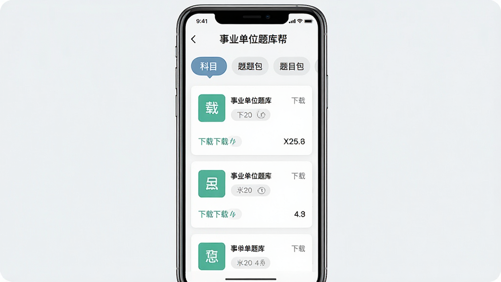 一张展示事业单位题库帮离线刷题功能的图片,主体为手机屏幕显示已下载题库列表,布局上方是科目分类标签,中间是题目包卡片,排版清晰,风格简洁实用,细节上每个卡片有下载状态和题目数量,画质干净、无多余元素,图片中文字包含“事业单位题库帮”