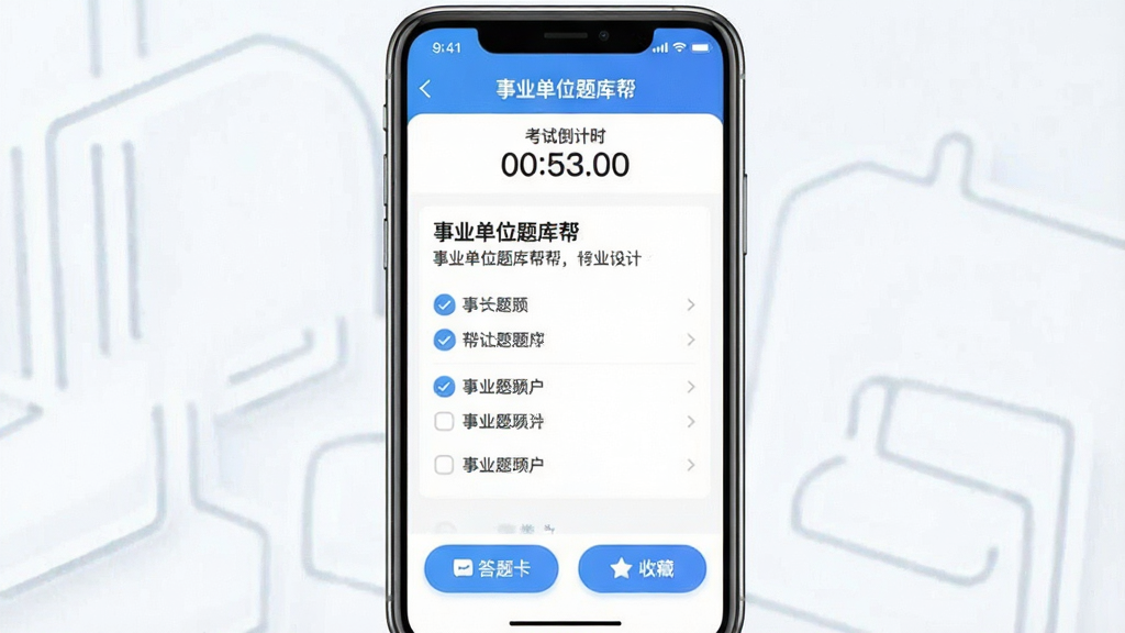 一张展示事业单位题库帮软件核心全貌的图片,主体为手机屏幕显示刷题界面,布局中央是题目和选项,上方有考试倒计时,下方有答题卡和收藏按钮,排版简洁清晰,风格现代扁平化,细节上按钮圆润、配色蓝白为主,画质干净、无多余元素,图片中文字包含“事业单位题库帮”