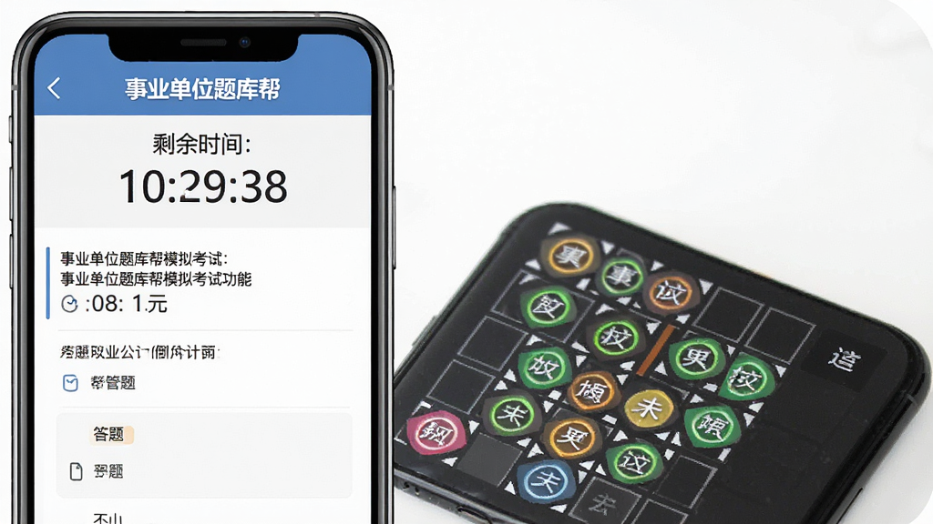 一张展示事业单位题库帮模拟考试功能的图片,主体为手机屏幕显示考试倒计时和答题卡,布局上方是剩余时间,中间是题目区域,下方是答题卡网格,排版紧凑,风格严肃专注,细节上已答题和未答题用不同颜色区分,画质干净、无多余元素,图片中文字包含“事业单位题库帮”