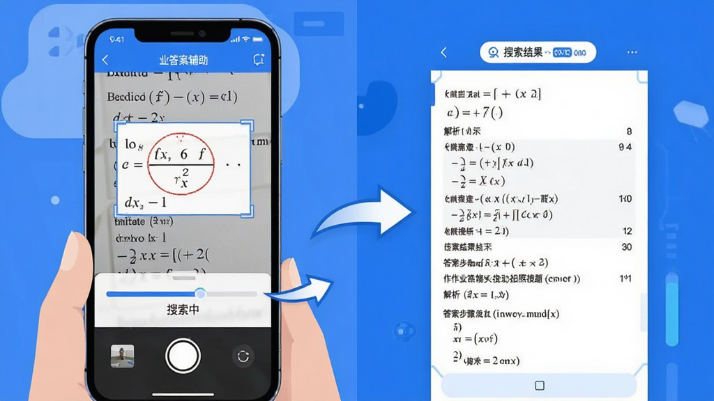 作业答案辅助搜题拍照搜题功能演示图,画面展示一部手机正在拍摄数学试卷,手机屏幕内作业答案辅助搜题APP自动框选出一道函数题,下方弹出识别进度条和“搜索中”字样,旁边有箭头指向搜索结果页,搜索结果页显示题目解析和答案步骤,风格为科技感扁平插画,蓝白配色,布局左右分栏,左侧拍照场景右侧结果展示,画质清晰干净无多余元素