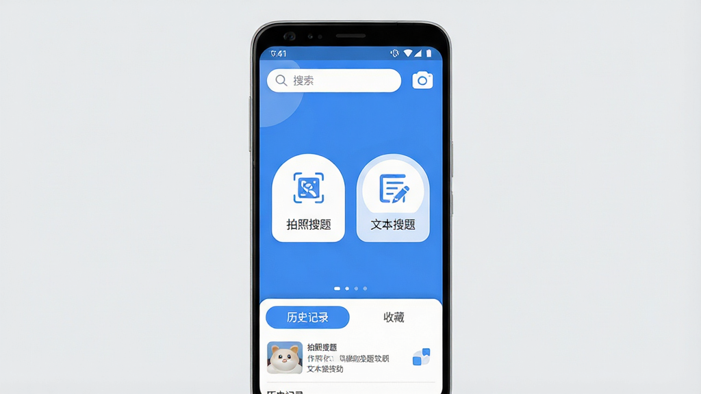作业答案辅助搜题软件主界面全貌展示,画面中央是一部安卓手机屏幕,屏幕内显示作业答案辅助搜题APP的拍照搜题主页面,顶部有搜索框和相机图标,中间区域显示“拍照搜题”和“文本搜题”两个大按钮,底部为历史记录和收藏夹选项卡,整体布局简洁清晰,风格为现代扁平化设计,蓝白配色为主,细节圆润,背景为浅灰色,画质干净无多余元素
