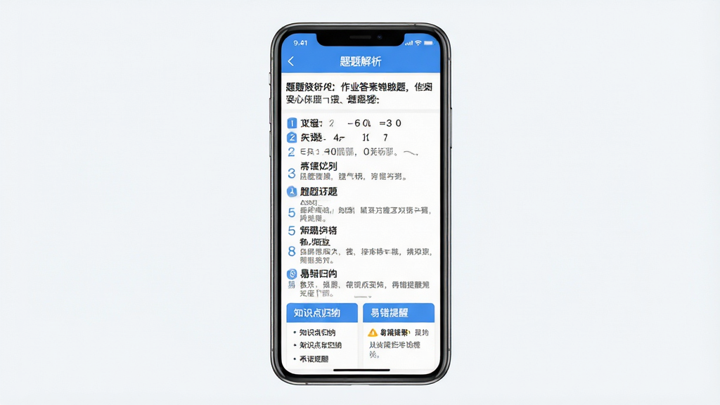 作业答案辅助搜题详细解析页面展示图,画面中央是一部手机屏幕,屏幕内显示作业答案辅助搜题APP的题目解析页面,顶部是题目原文,中间是分步骤的解题过程,每一步都有编号和说明文字,底部有“知识点归纳”和“易错提醒”两个卡片,整体排版清晰,风格为教育类扁平设计,蓝白配色,文字大小适中,背景干净无多余元素