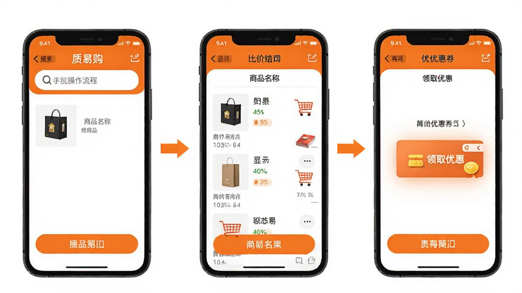质易购在手机上的操作流程示意图,展示从搜索框输入商品名称到显示比价结果再到领取优惠券的连续画面,界面以橙色按钮引导操作,背景为干净的白色,风格教程类图示,画质清晰,无多余装饰