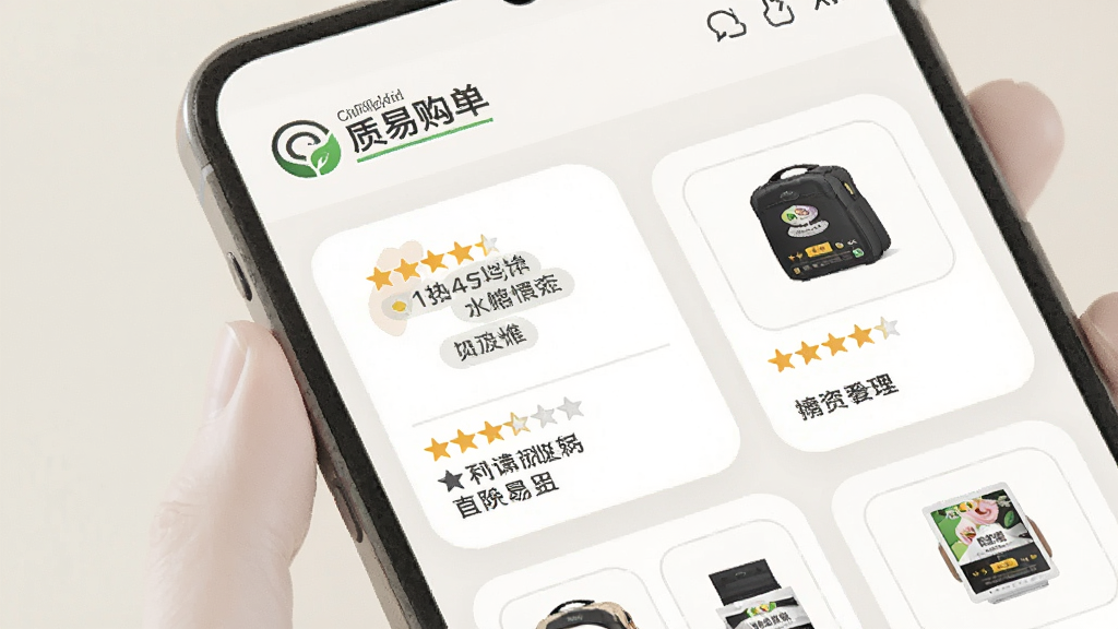 质易购的品质榜单页面,屏幕中显示多个商品卡片排列,每个卡片有评分星级和简短评价标签,背景为浅色,卡片圆角设计,风格清爽,画质干净,文字清晰可读