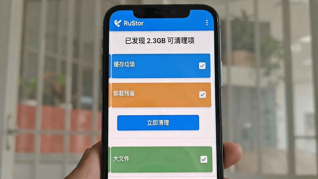 һ���ֻ���Ļ��ͼ��չʾ RuStor �����ɨ����ҳ�棬������ʾ'�ѷ��� 2.3GB ��������'���·��ò�ͬ��ɫ��������'��������''ж�ز���''�ظ��ļ�''���ļ�'��ÿ�������Ҳ��й�ѡ���м���һ�����'��������'��ť���������࣬������ɫ�������������޹���������ʸɾ����޶���Ԫ��